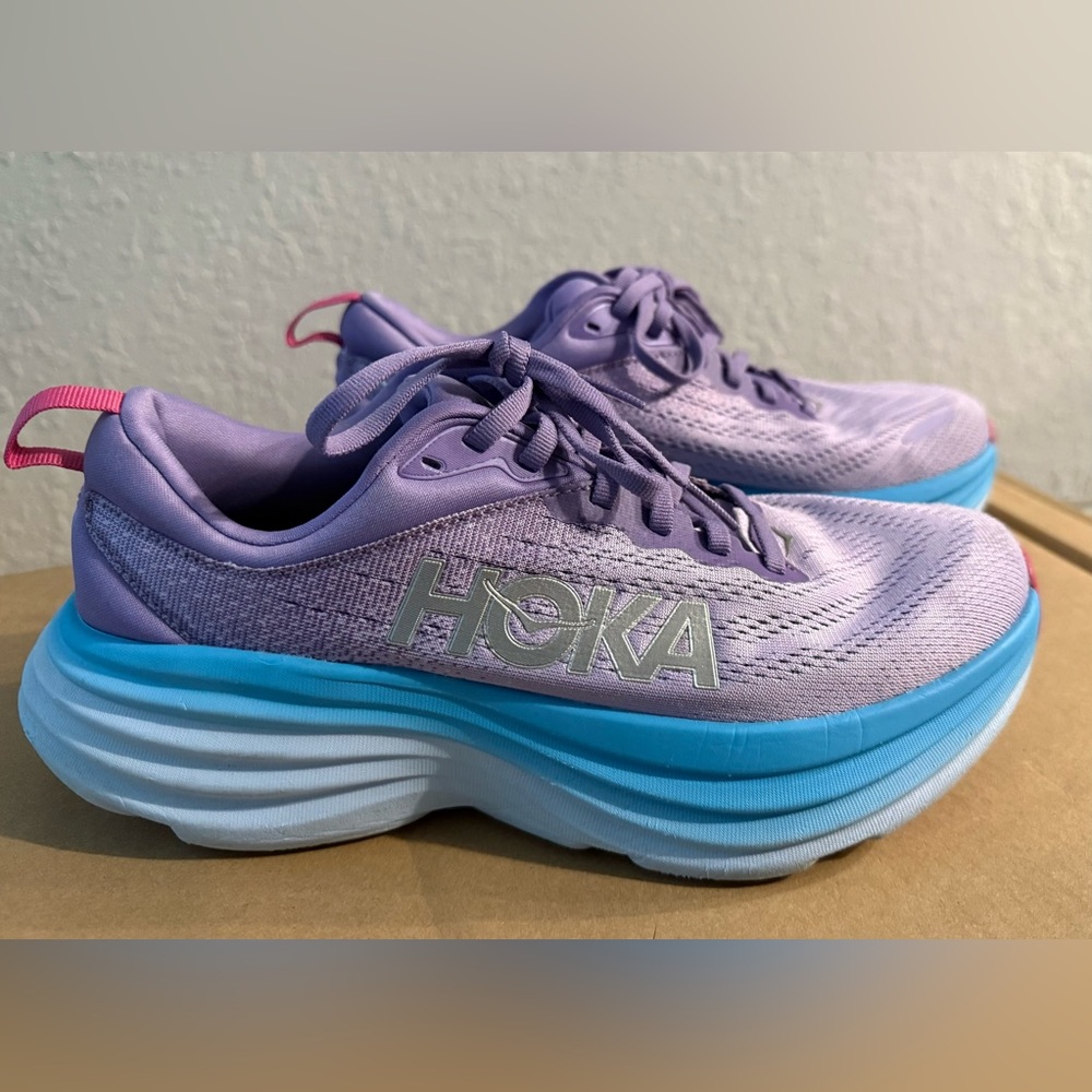Hoka Bondi 8 Purple and Blue Athletic Shoes